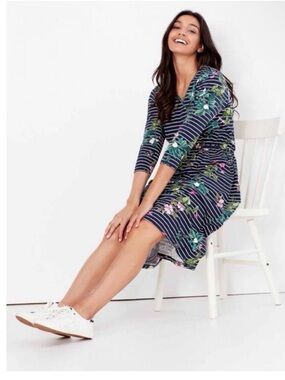 Joules Jade Print V Neck Jersey Dress Blue Floral Stripe Midi US 10 NWOT